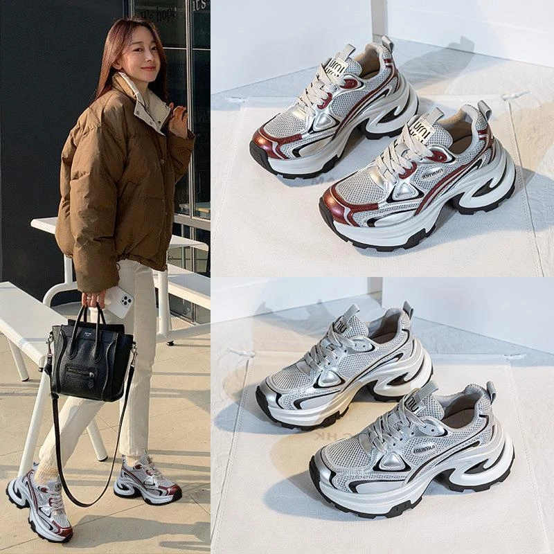 【轻奢女鞋】厚底增高老爹鞋女2025年春季新款拼色皮舒适透气休闲