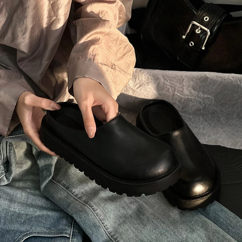 虎头秋冬辰小六灰色光脚拖鞋女款网红厚底半拖防滑时尚黑色软底