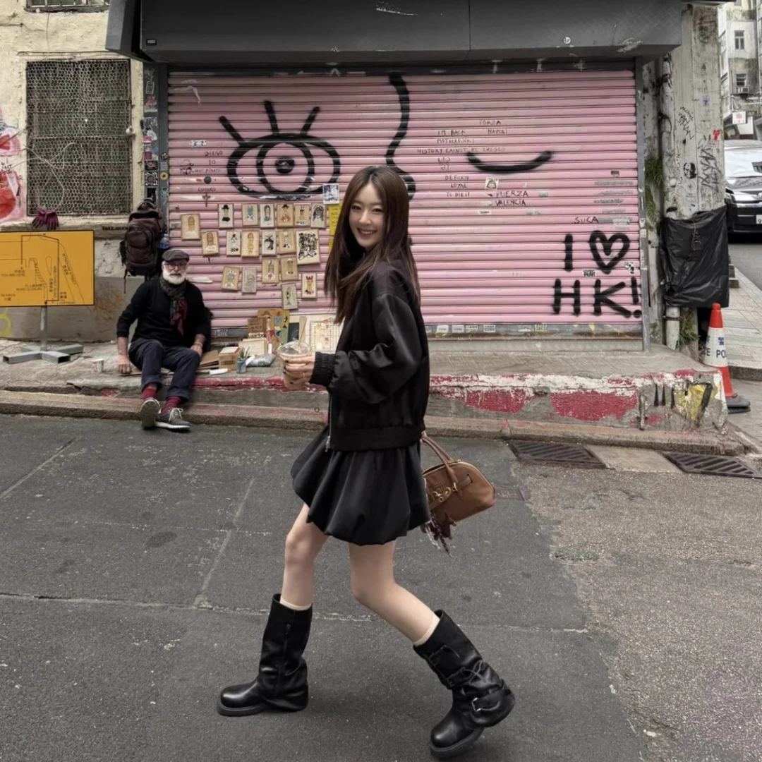 洋气巨好看中筒靴女2025新款爆款超火堆堆皮靴粗跟棕色小短靴子