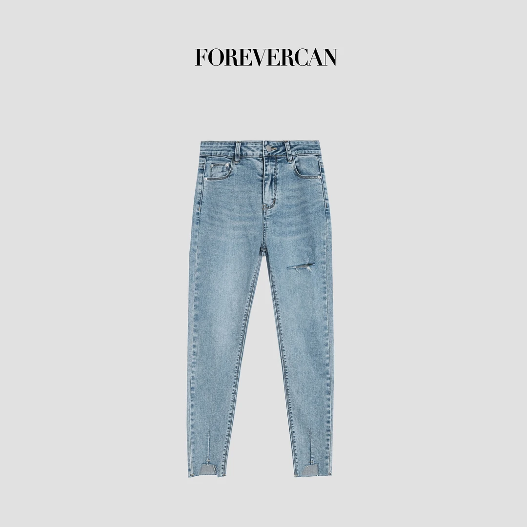 FOREVERCAN“叛逆基因”高盎司破洞小脚直筒九分牛仔裤 SP19339