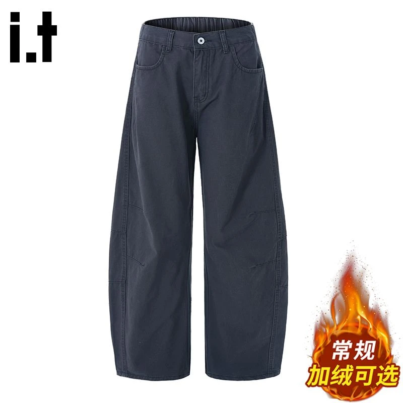 i.t:CHOCOOLATE美式加绒潮流休闲裤男秋冬阔腿保暖百搭褶皱弯刀裤