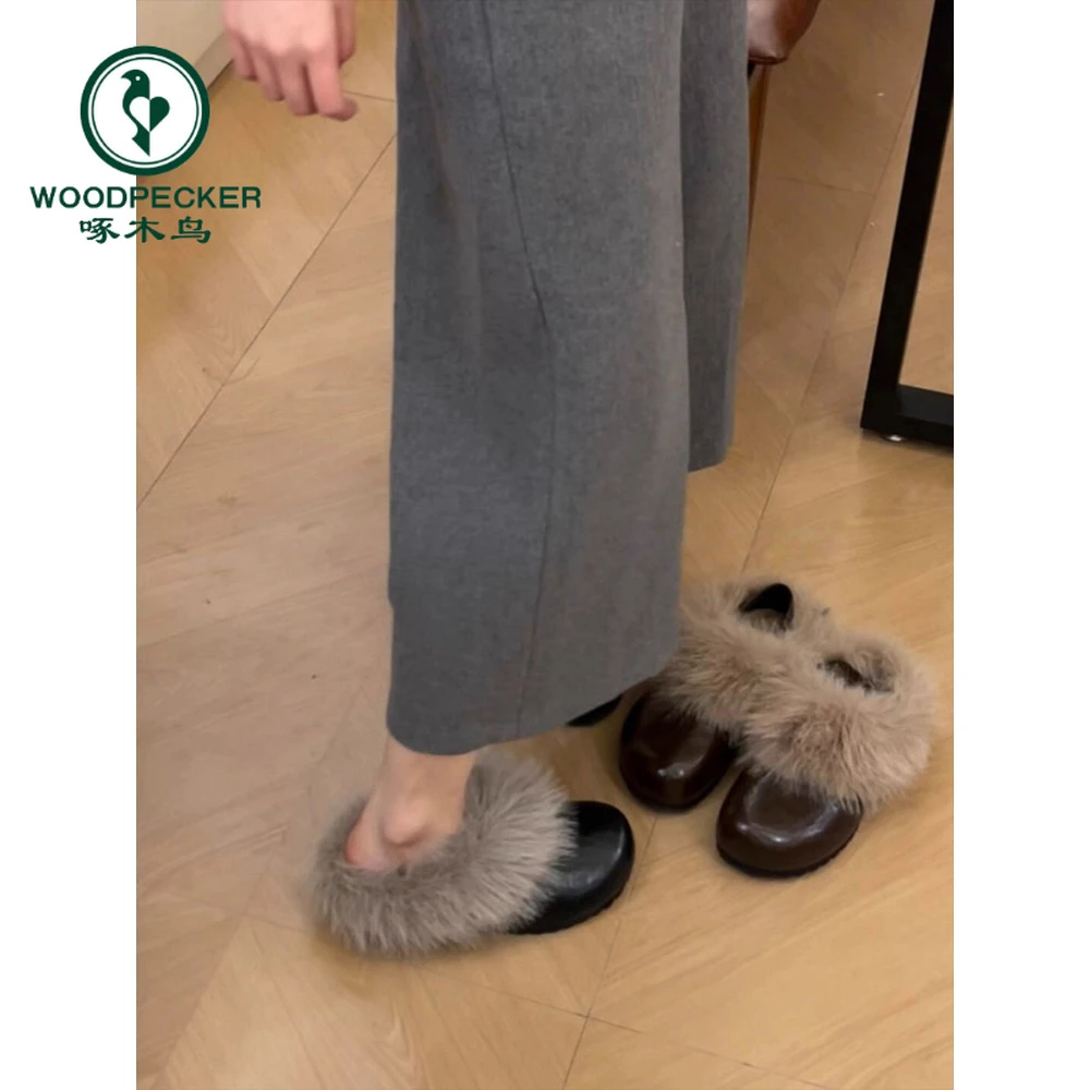 啄木鸟加绒保暖百搭雪地棉鞋2025冬新款单鞋一脚蹬毛毛鞋博肯鞋女