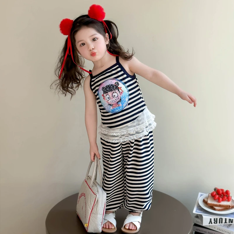 女童吊带套装2025新款儿童夏装条纹哪吒薄款女宝宝夏季花边两件套