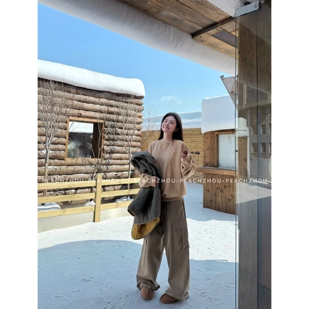 『PEACHZHOU』360g精梳棉日系绣章宽松圆领毛圈卫衣休闲中性长袖