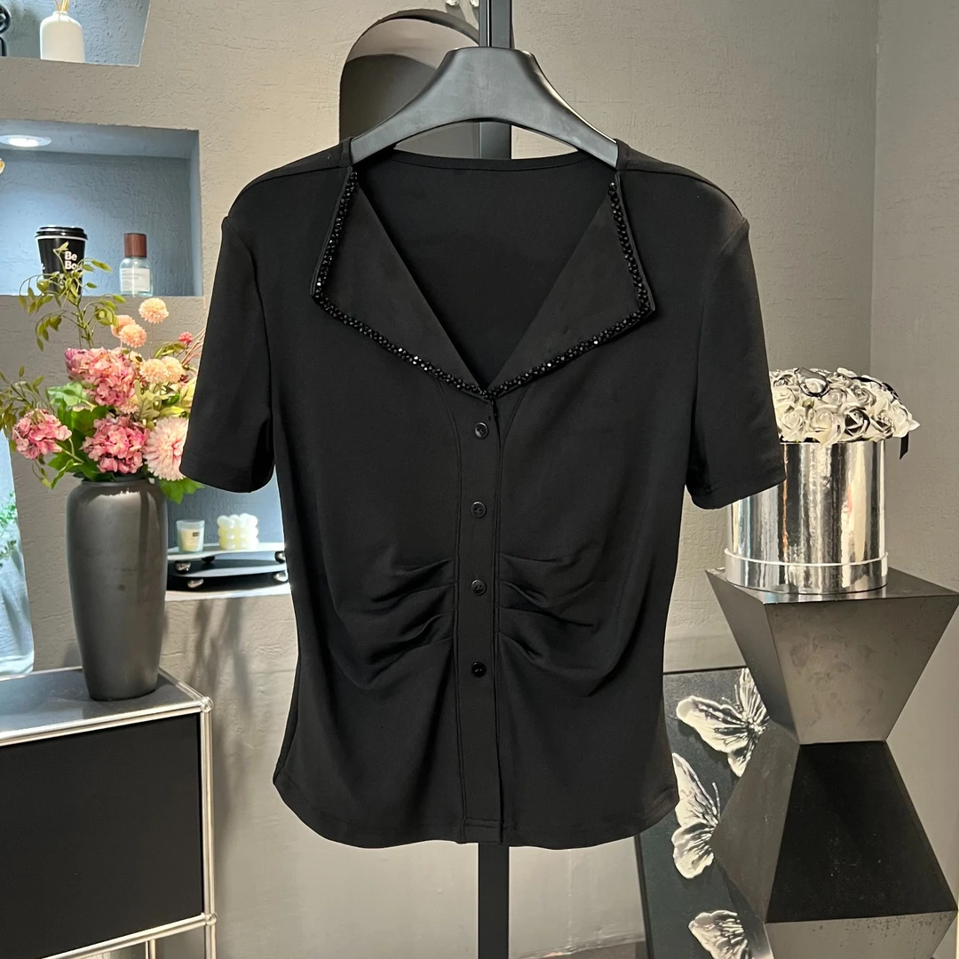 2025春夏新款时尚翻领钉珠气质褶皱百搭短袖休闲T恤