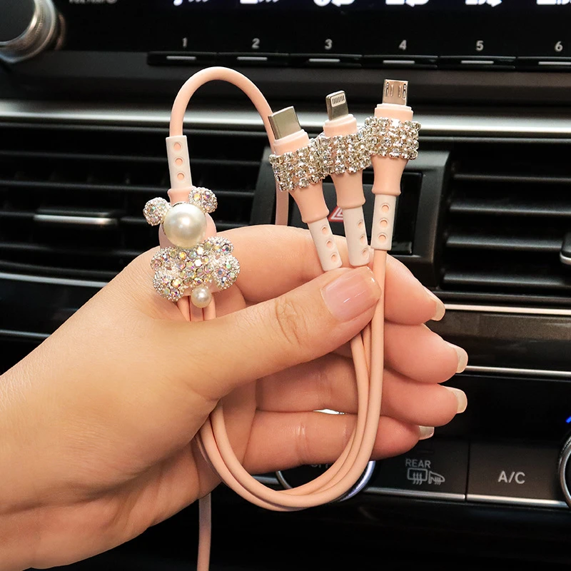 车载充电器超级快充一拖三数据线网红镶钻高级汽车手机线三合一