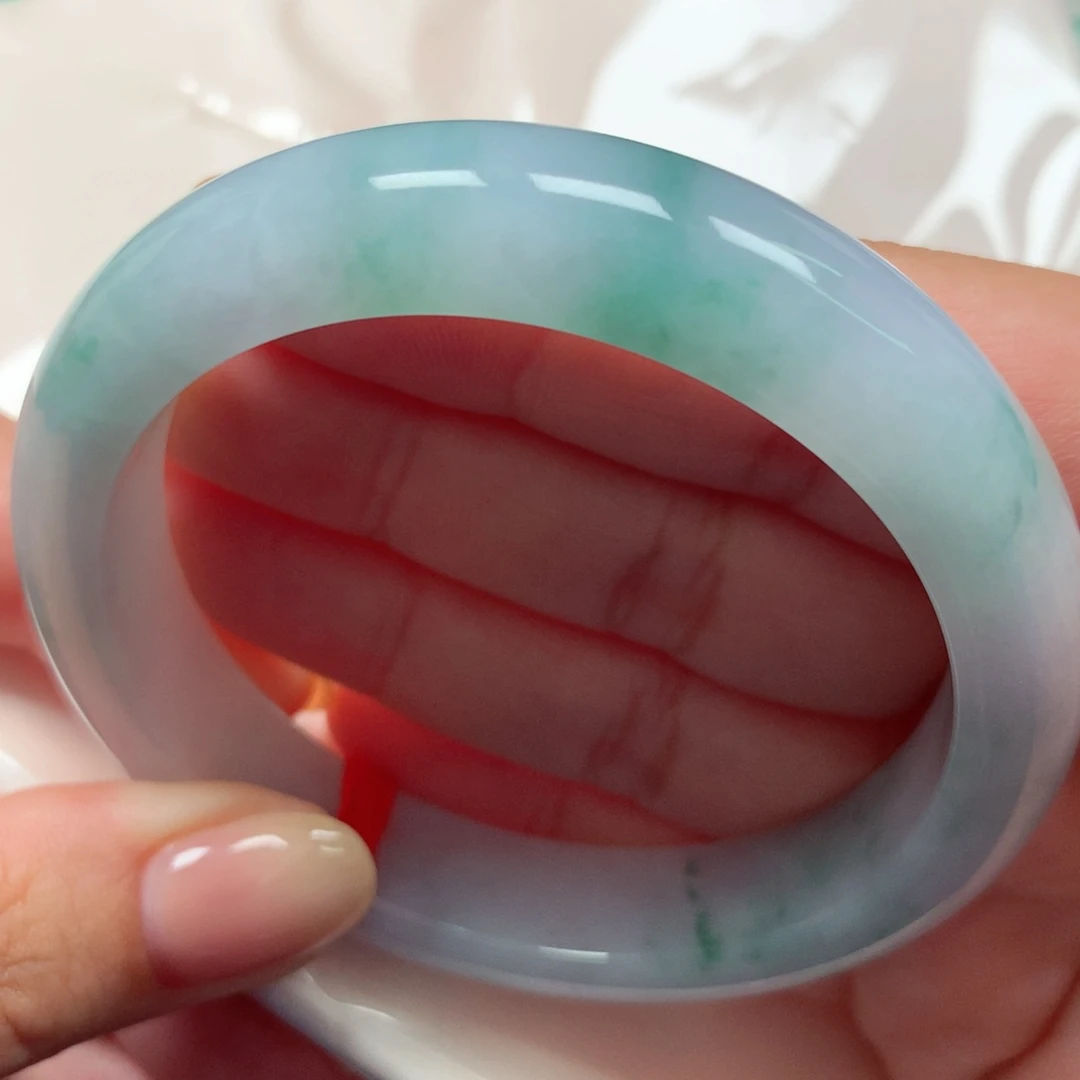 翡翠未镶嵌手镯64冰胶蓝花洒金