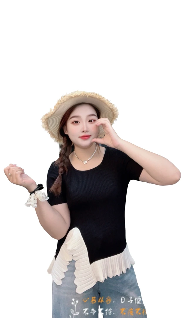 大码显瘦冰凉针织花边短袖百搭遮肚子宽松上衣薄款