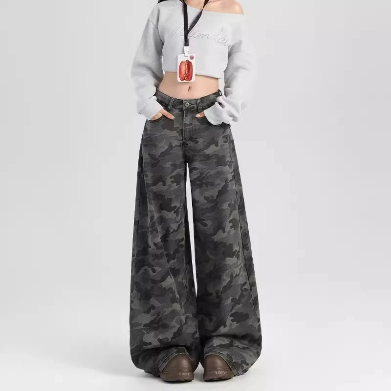美式复古高街迷彩百搭辣妹小众阔腿裤女春季高腰显瘦直筒休闲裤