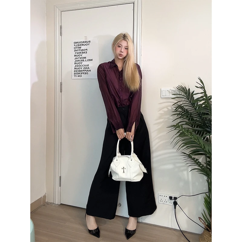 御姐性感轻奢风长袖衬衫上衣2025秋季简约时尚高腰垂感休闲阔腿裤