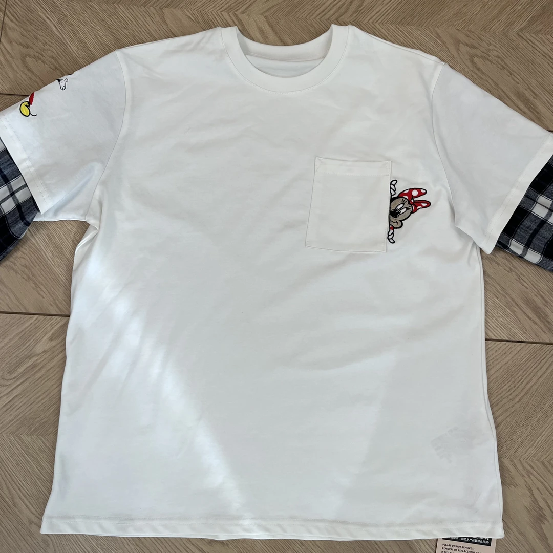 新款假两件T恤卡通米奇拼接格子袖减龄上衣女