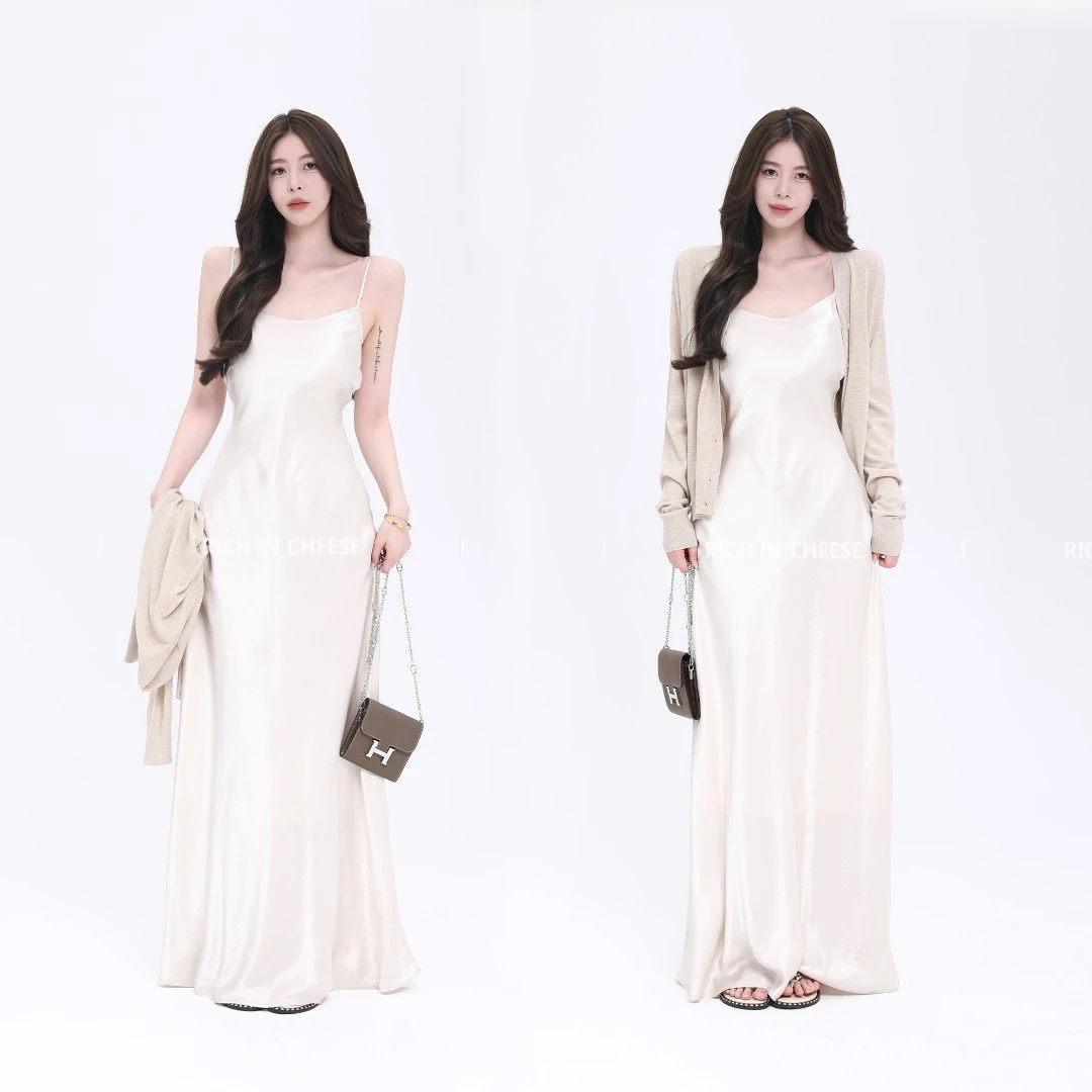 舒胡蕾 矜贵柔雾 100醋酸法式斜裁缎面高级感秋日吊带温柔长裙