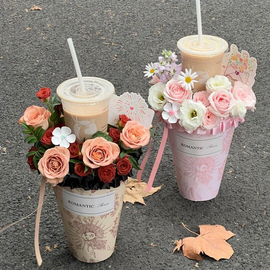 秋天的第一杯奶茶玫瑰混搭仿真花成品立秋仪式感礼物送女友生日