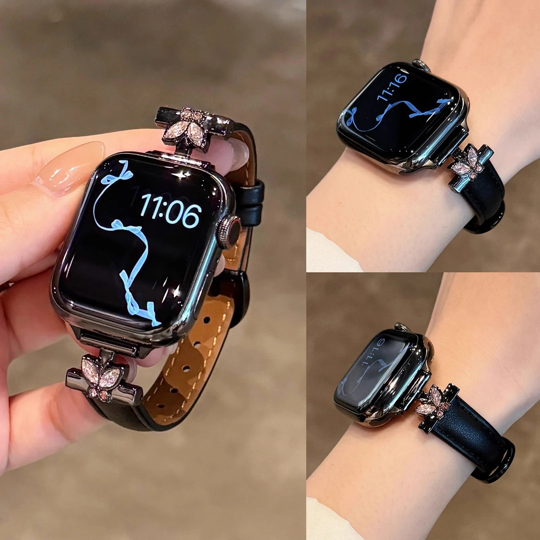 苹果手表表带10高级感蝴蝶镶钻拼皮质适用Apple Watch789iwatch11