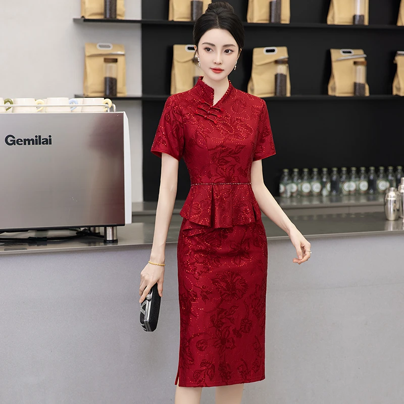 中式复古旗袍气质高贵短袖喜妈妈喜婆婆夏季优雅显瘦酒红色中国风