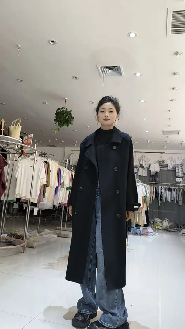 长款双排扣女休闲风秋冬毛呢外套女装时尚气质黑色双面2167