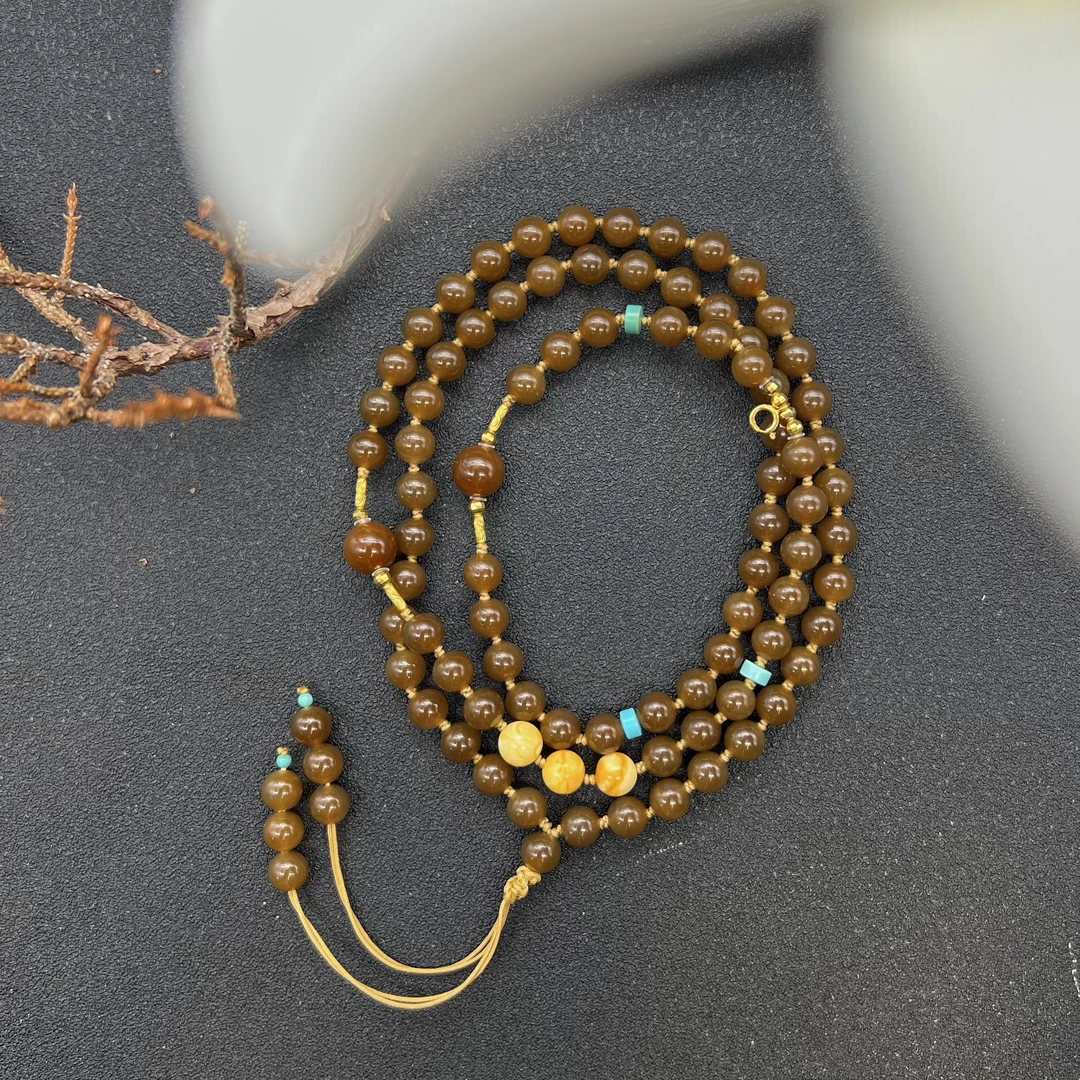 【润家原创】天然6mm和田玉糖玉18K金设计款项链吊坠链多圈#6805