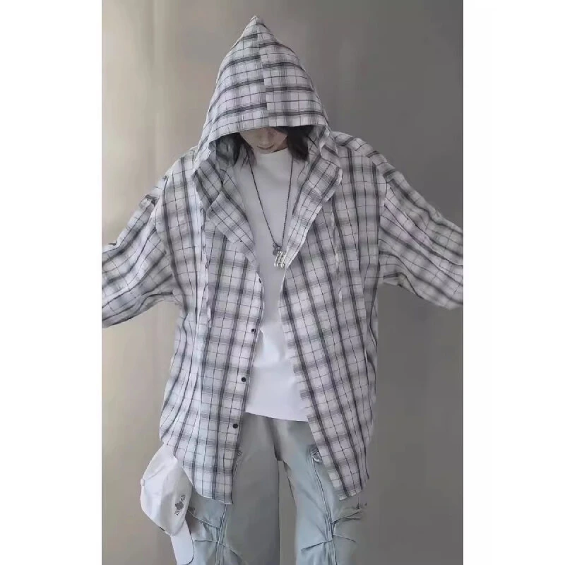 黑白格子连帽衬衫男女夏季薄款冰丝速干皮肤衣慵懒风情侣防晒外套