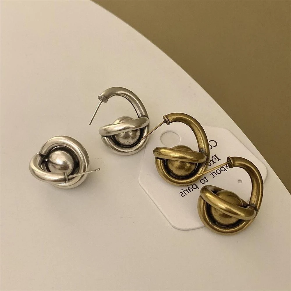 铜合金锆石耳饰 日韩做旧哑光雾面金属耳环 小众冷淡风ins几何圆