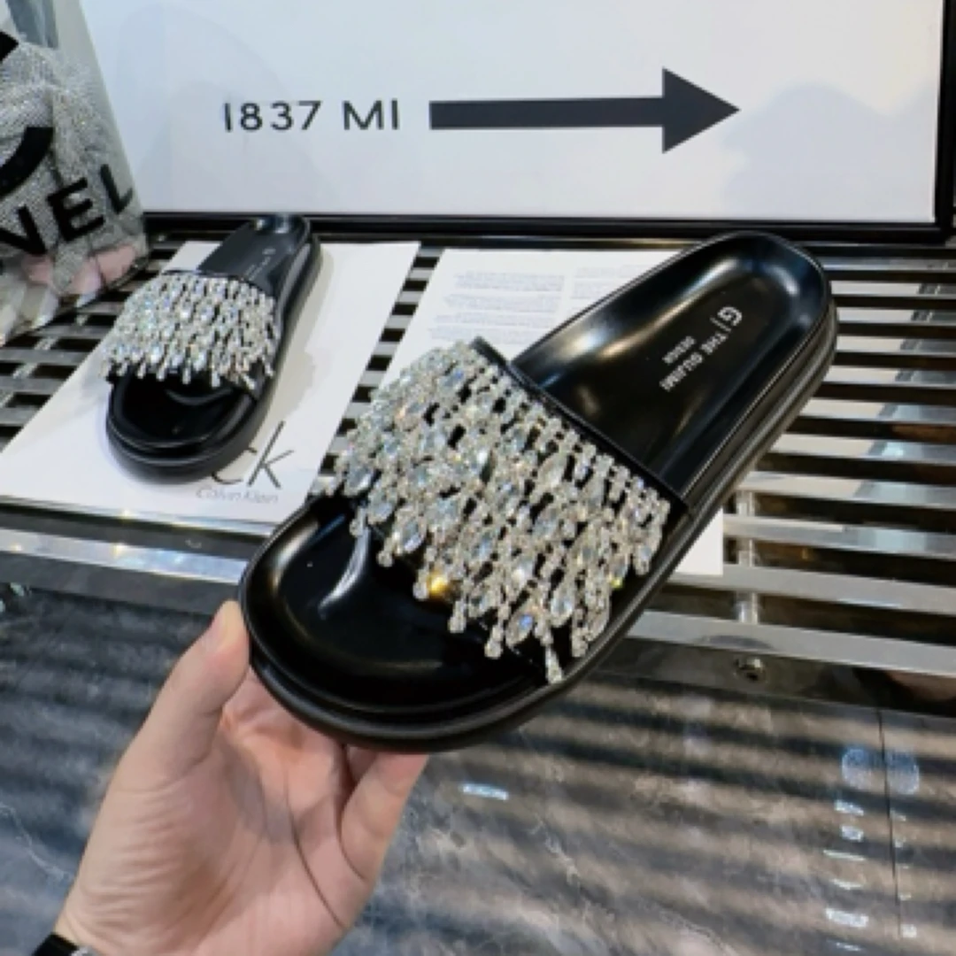 纯色凉拖民族风胶粘水钻时装凉鞋半拖低跟多巴胺穿搭