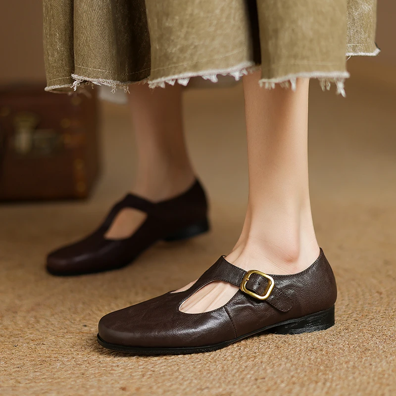 羊皮2公分/法式优雅复古平底单鞋圆头粗跟舒适浅口玛丽珍鞋女鞋