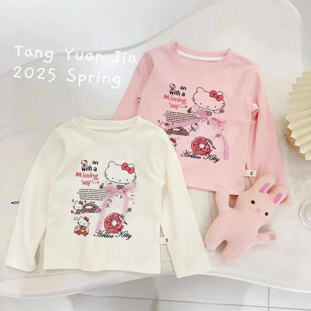 汤圆家童装2025春季新款韩系甜美趣味印花KT猫百搭T恤 YA-1213