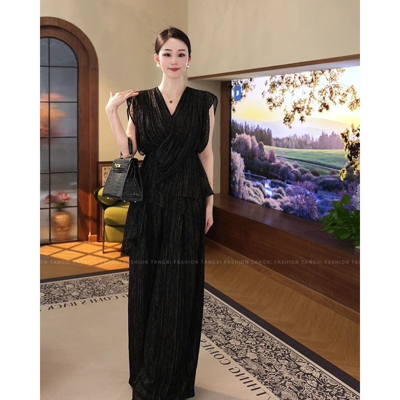 2025夏季新款【QQ-X1097】随性高级感小众绑带设计黑色无袖女装套装