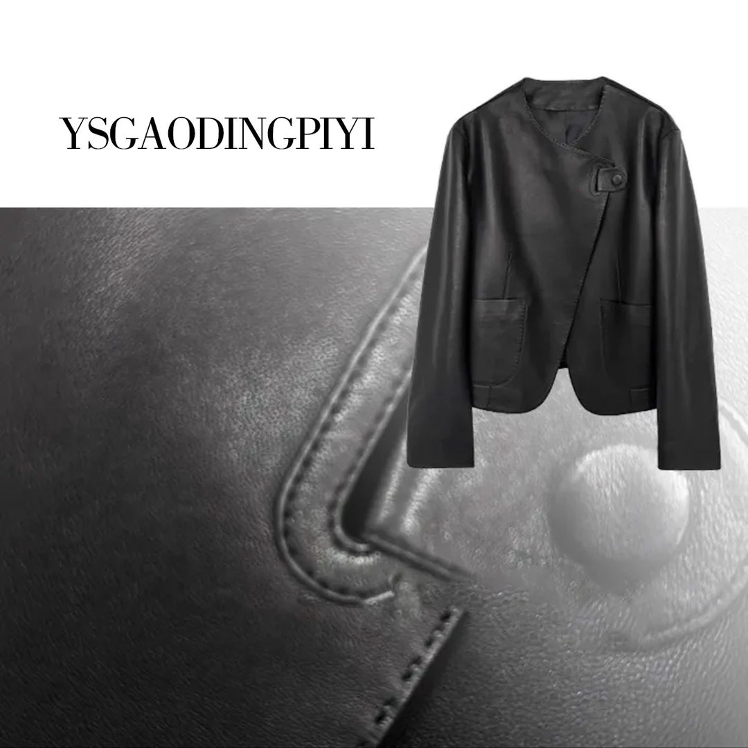 YS《极简风格》春季翻领一粒扣植鞣绵羊皮真皮皮衣7750