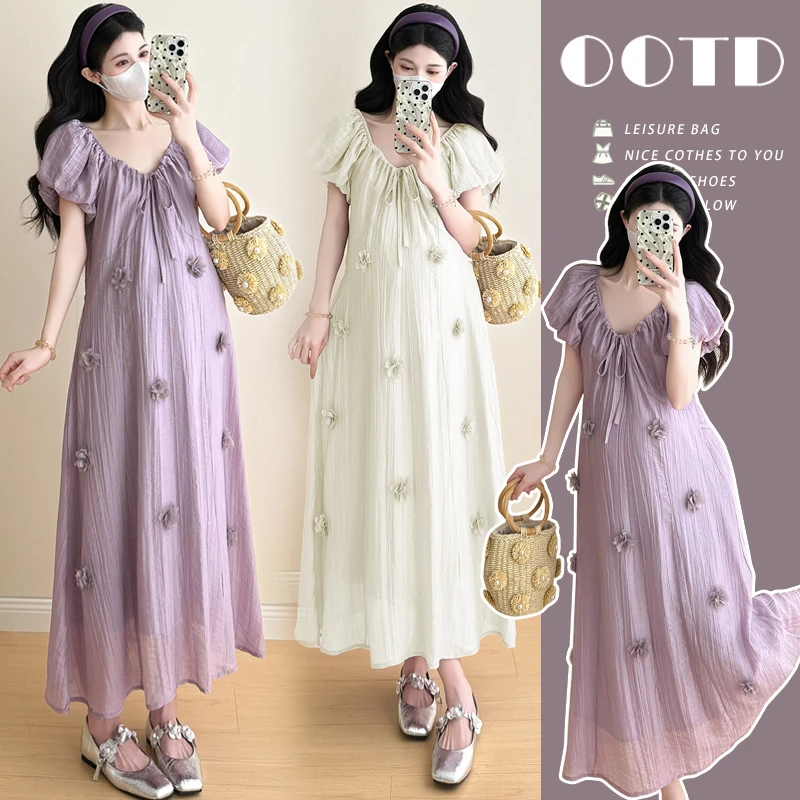 2025年夏季新款孕妇装温柔风V领连衣裙女夏高级感立体花朵长裙