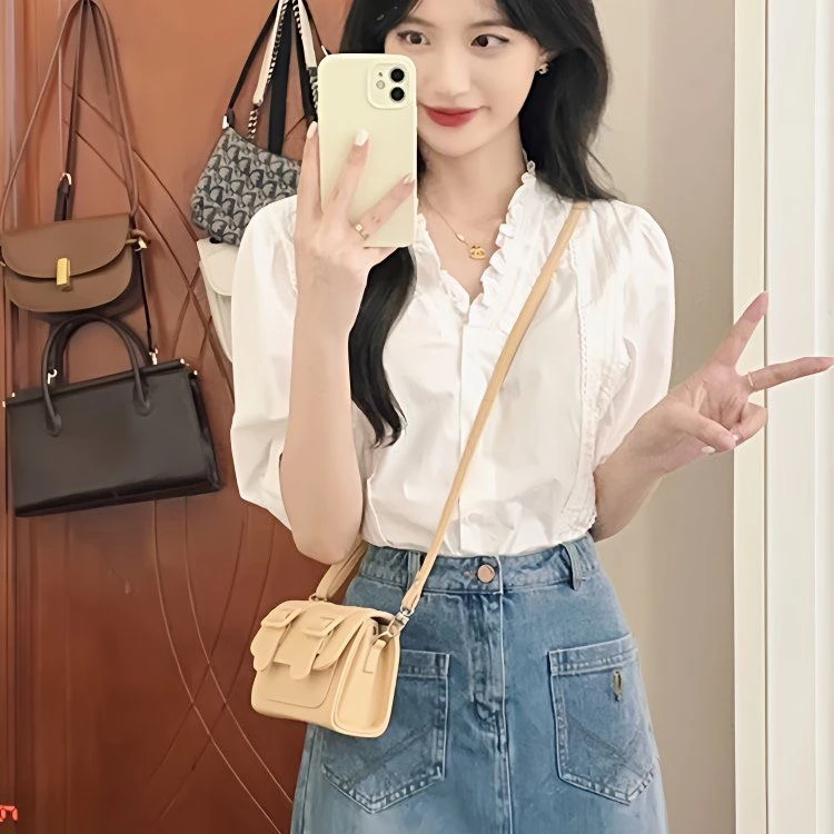 法式白色短袖衬衫女夏季新款泡泡袖高级感小众衬衣显瘦收腰上衣服