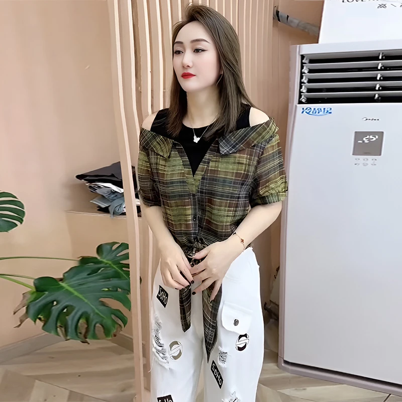 欧货设计感假两件露肩新款韩版复古拼色修身短袖衬衫女格子上衣夏
