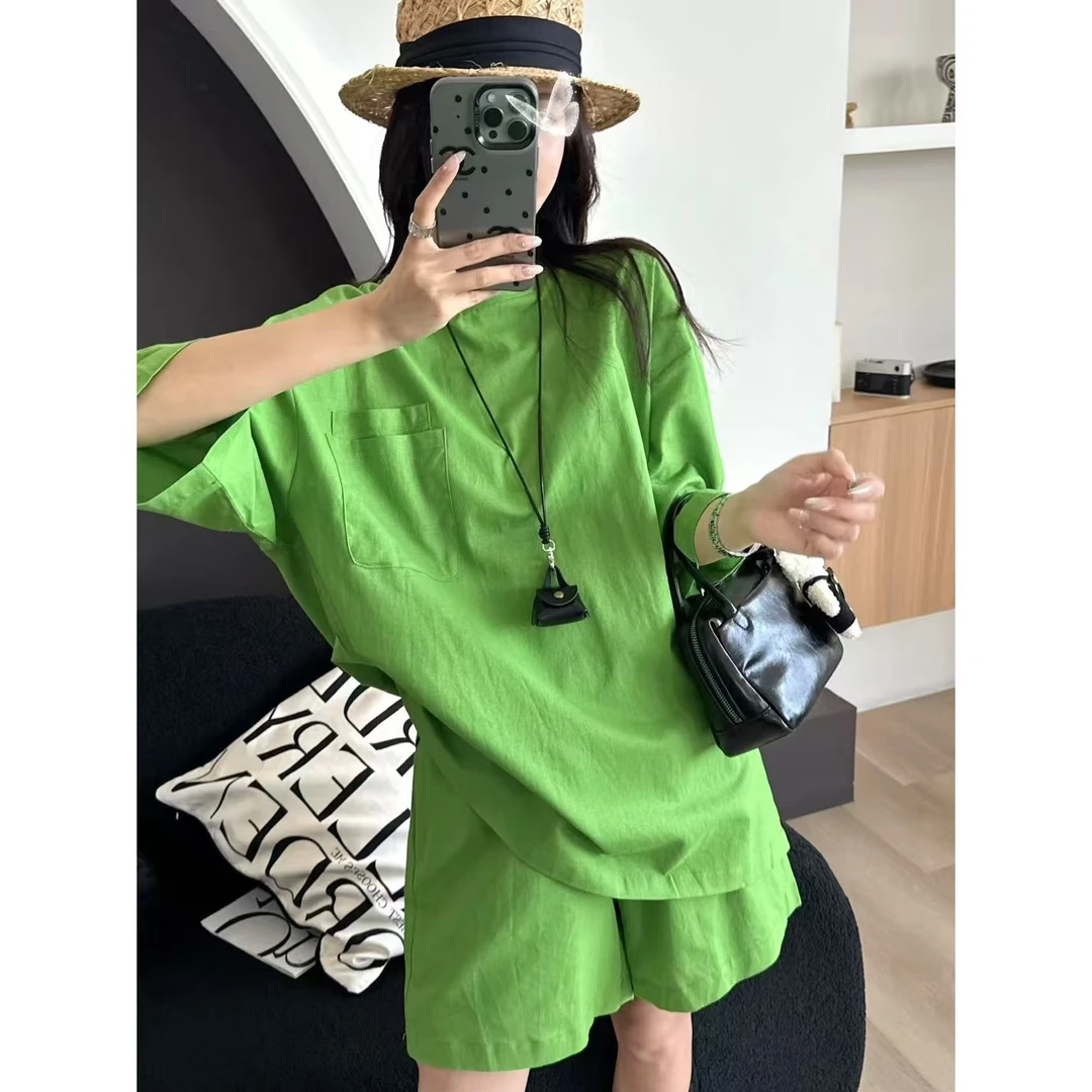 SP【马赛橄榄树】高级感小众设计极简纯色短裤T恤两件套套装