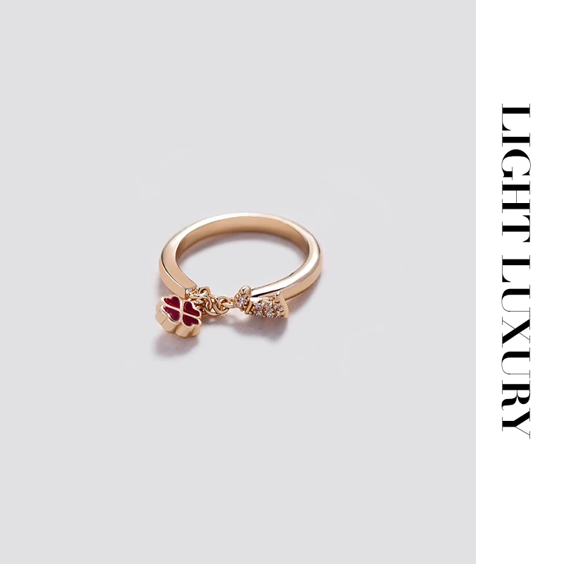 合金合成锆石戒指 V金工艺 494小狗 四叶花戒指 可调节 女