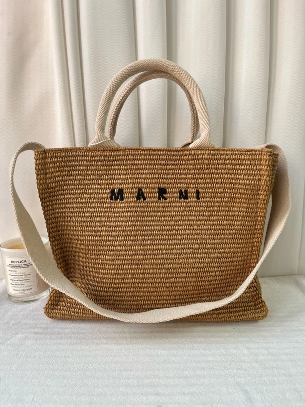99新 MARNI 玛尼棕色编织托特包手提单肩腋下包