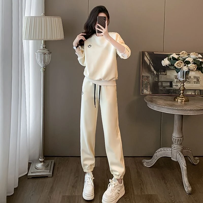 休闲运动套装女2025春网红炸街时尚气质轻奢风圆领束脚卫裤两件套