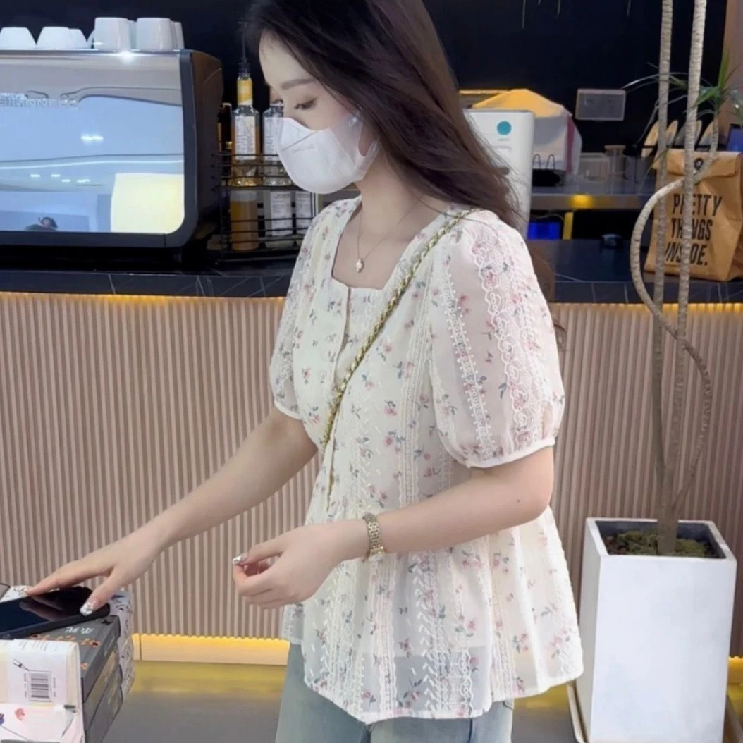 法式甜美碎花衬衫方领2025刺绣夏季新款娃娃短袖显瘦上衣小清新