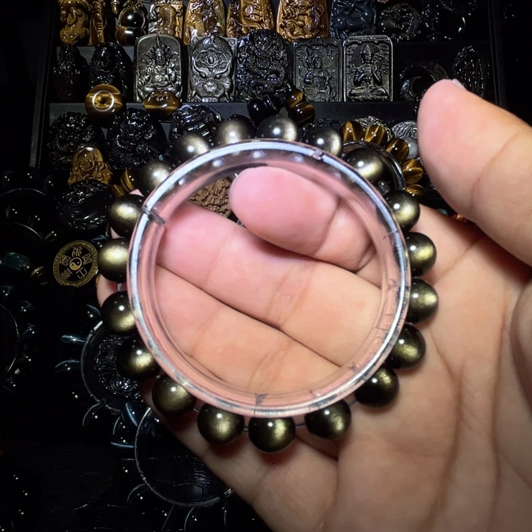 未镶嵌黑曜岩手链锦*天然金曜石双面圆眼10mm