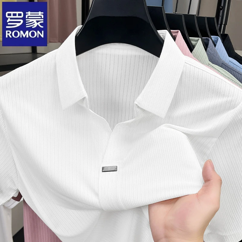 罗蒙纯色条纹冰丝短袖夏季新款商务绅士职业通勤中年男士t恤衫潮