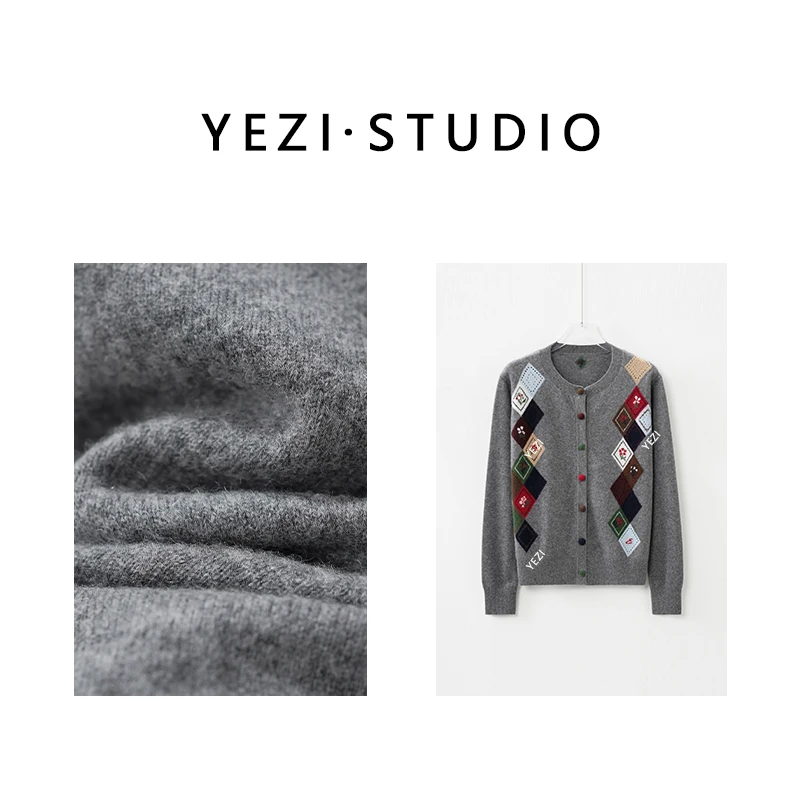 现现【学院灵感】百百山羊绒格雷系菱形格布包扣学院开衫25319030