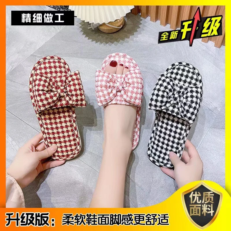 新款蝴蝶结平底亚麻拖鞋显瘦厚底拖鞋女外穿室内两用格格四季拖鞋