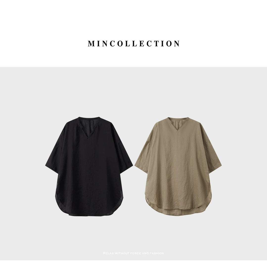 DE MincollectionV领苎麻上衣/清透苎麻中款廓形七分袖衬衫55458