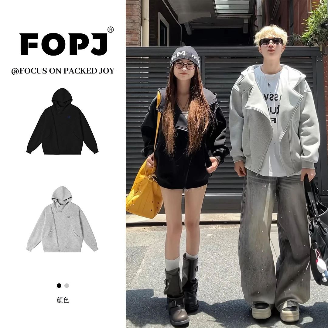 FOPJ刺绣款美式复古慵懒风连帽开衫卫衣女春秋季新款潮流情侣外套
