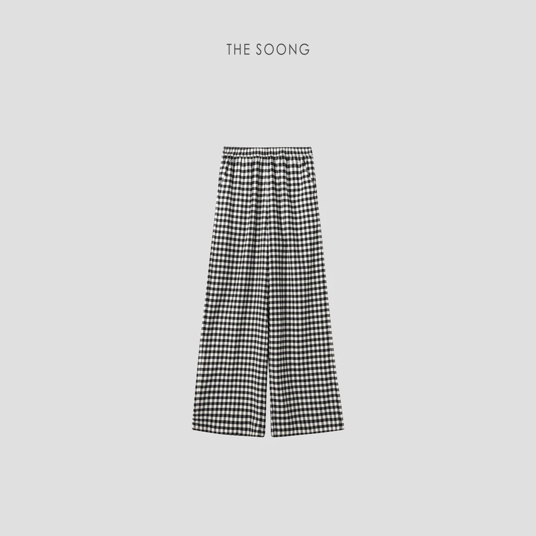 THESOONG|"格子裤"夏季经典黑白格撞色宽松中腰休闲裤女HBKZ6623