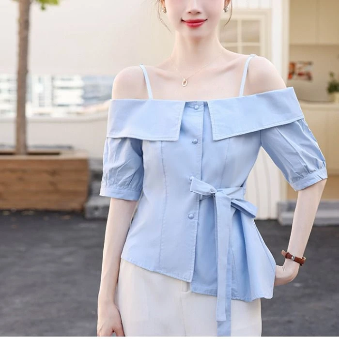 夏季新款韩版宽松休闲百搭短袖上衣一字肩吊带系带收腰衬衫