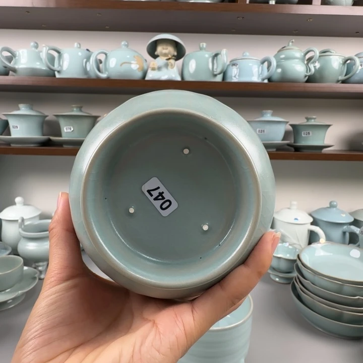 瓷片汝瓷莲瓣深腹碗支钉烧仿古釉大瑕047