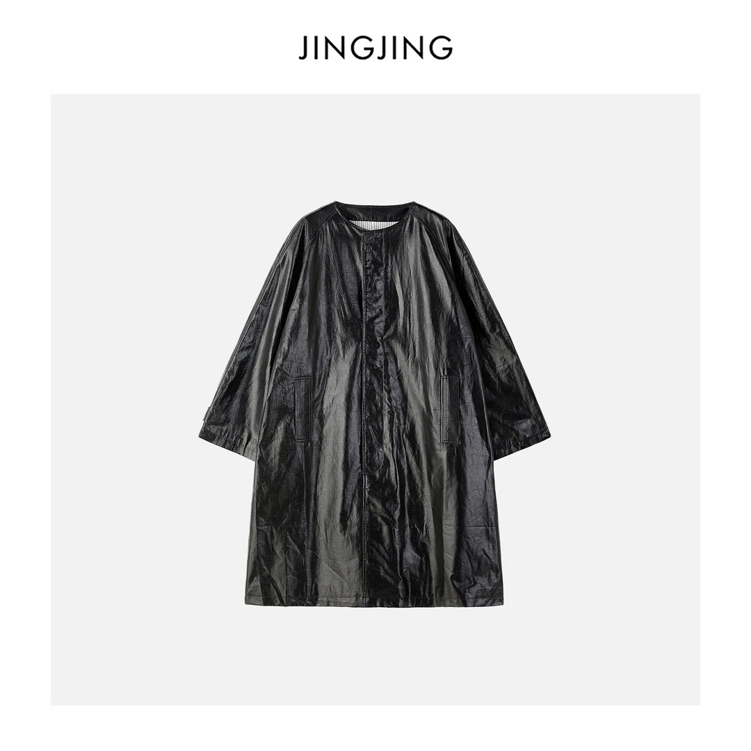 JINGJING2024新款“博主风”亚麻天丝混纺亮面光泽图层长款风衣