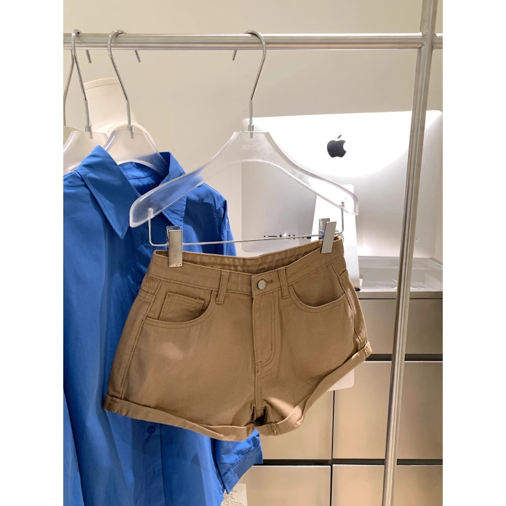 复古卡其色休闲牛仔短裤女2025春夏新款高腰显瘦百搭a字裤阔腿裤