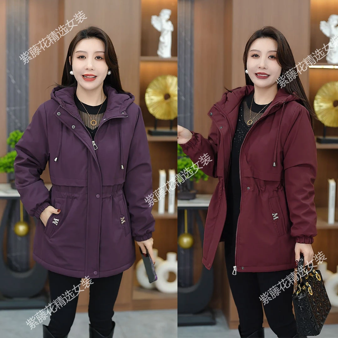 冬季新款中老年女加绒保暖风衣加厚款棉衣连帽开衫棉服