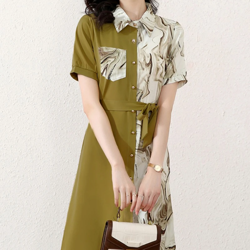 2025春款女装撞色收腰薄荷曼波衬衫式连衣裙气质时尚修身裙子9406