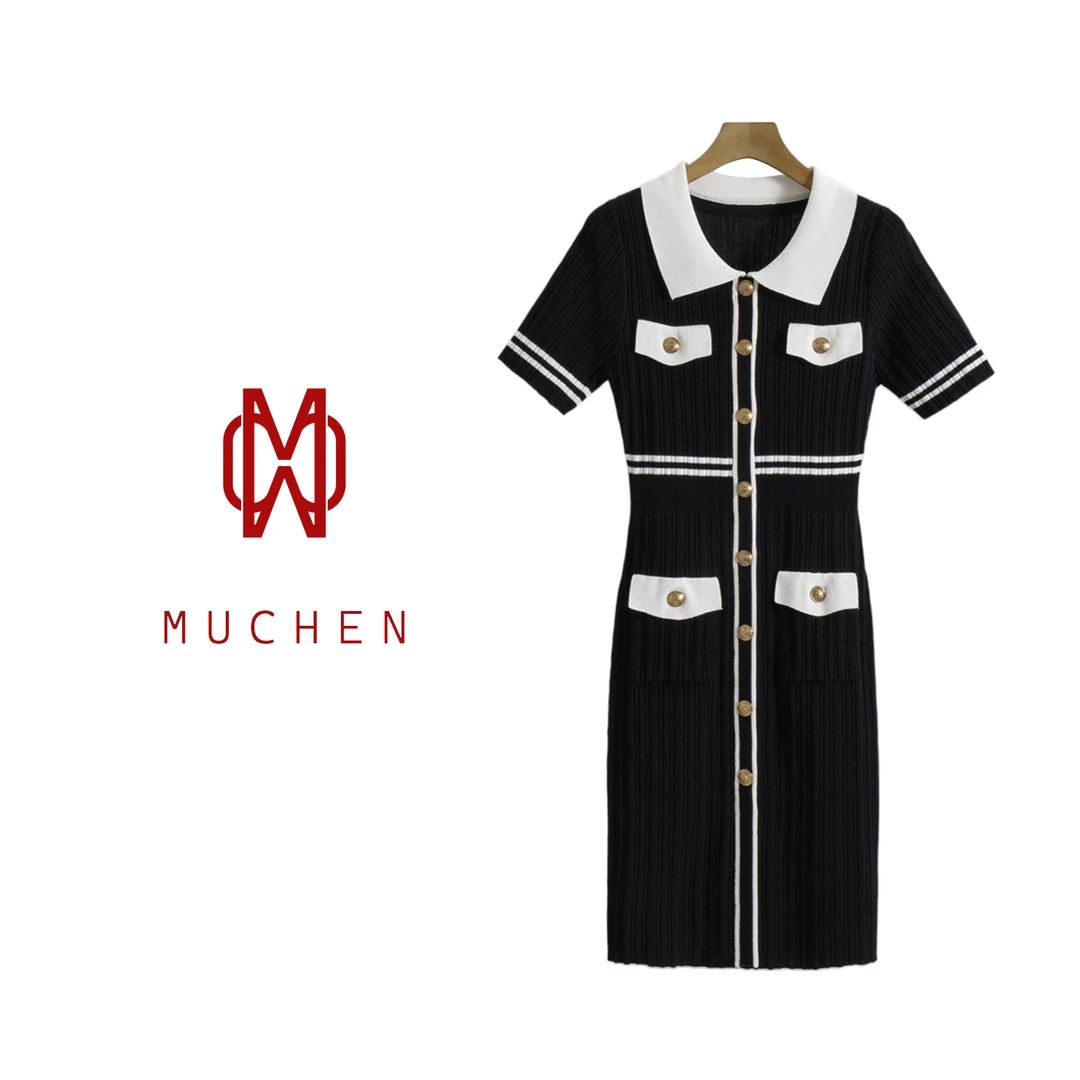 【MUCHEN】小香风翻领修身显瘦气质连衣裙女装夏季收腰时尚